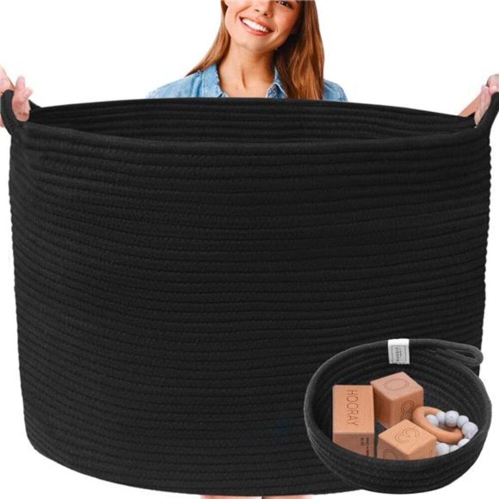 Extra Large Black Woven Basket 2 Pack Blanket Toy Laundry Storage Baskets